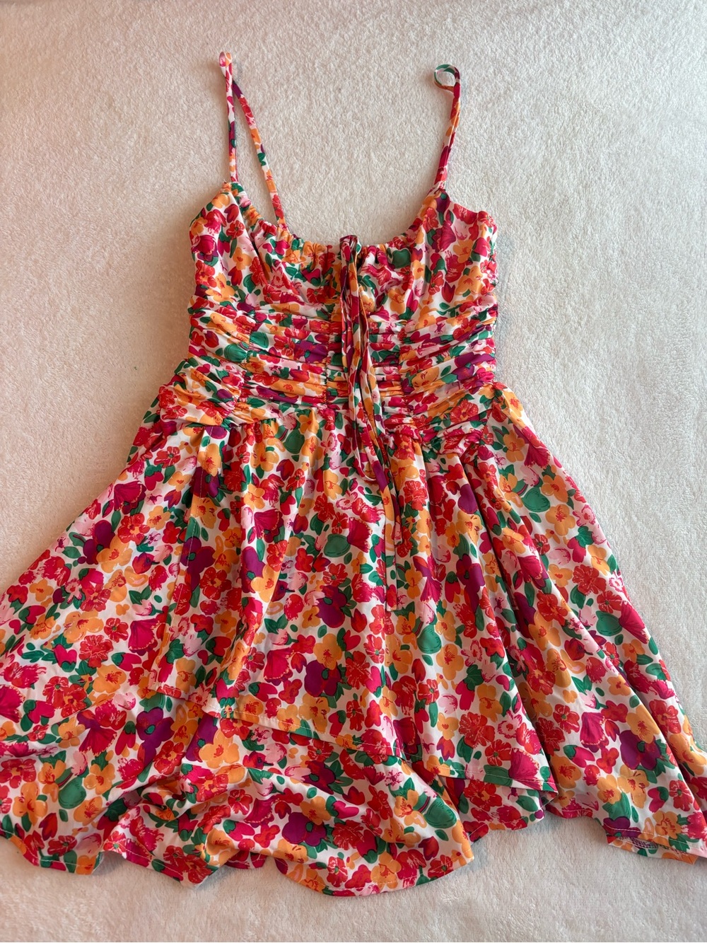 Princess Polly Floral Spaghetti-Strap Mini Dress - Pink, Yellow & Green